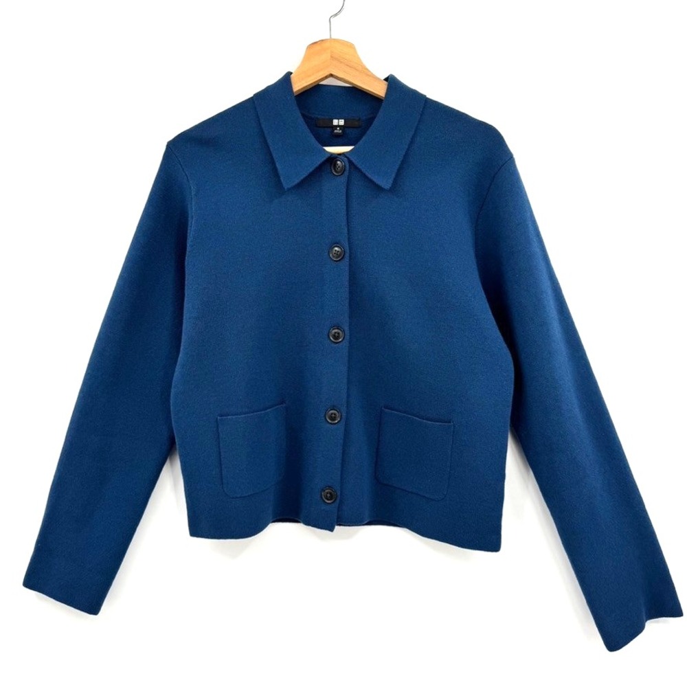Uniqlo Washable Milano Ribbed Collared Jacket in Blue with Pockets Size M - Picture 2 of 11
